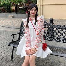 2021 small flying sleeve suspender dress long sleeve floral shirt set escape rose romantic girl fold