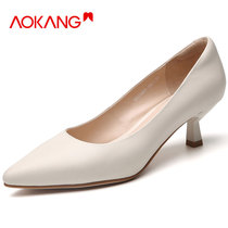 Aokang small leather shoes womens leather work thin head high heel middle heel womens single shoes long stand not tired feet work shoes women