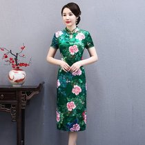 New modified cheongsam dress summer short middle-aged mother dress round neck pullover size Chinese style