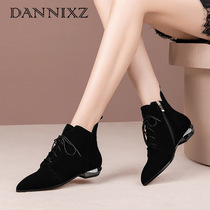 Flat short boots womens spring and autumn new leather lace-up Martin boots flat heel short single boots pointed ankle boots womens boots