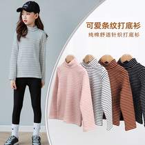 Girl semi-high collar undershirt Spring autumn CUHK Tong Pure Cotton T-Shirt Long-sleeved Children Striped Blouse for a ride in the spring