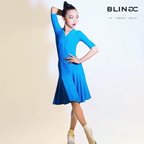 BLINGC Latin Dance Rules for Children New V-Collar Blue Big Pendulum Professional Performance Competition Suit 518