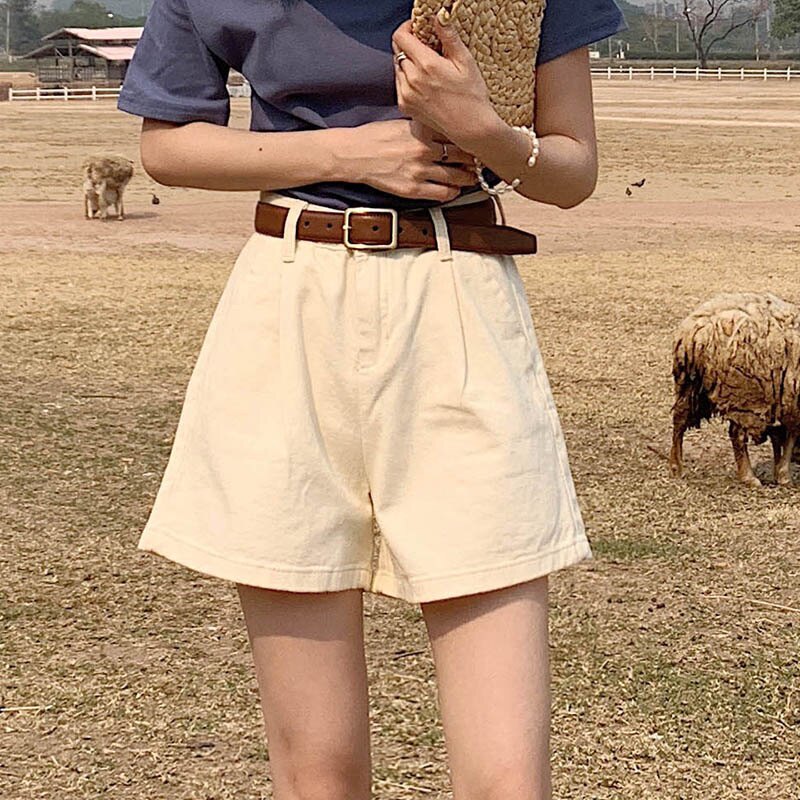 South Korean denim shorts female beige 2022 Summer new high waist wide leg loose with thin apricot outside wearing hot pants