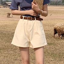 Korean denim shorts women beige 2021 summer new high waist wide legs loose apricot color wear hot pants