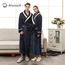 Japanese coral velvet couples robe womens winter extended padded flannel mens bathrobe plus velvet warm pajamas home clothes