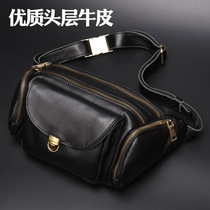 Leather large-capacity mens fanny pack Fashion sports mobile phone bag head layer cowhide chest bag multi-function backpack shoulder satchel