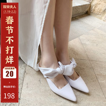 (Double Song) Cat Heel Net Red Half Slippers Women Outerwear Middle Heel No Heel Muller White Baotou Sandals
