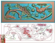 Antique ancient building hoard Plum bird plus peach flower carving jdp relief gray scale wood carving Computer engraving