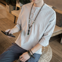 Chinese cotton linen seven-point sleeve T-shirt mens thin summer wide shoulder wear Tang suit half sleeve inner shirt top tea suit sweatshirt