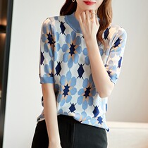 2021 spring and summer new ice silk knit womens short sleeve loose slim Tencel top thin semi high neck base shirt