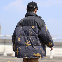 Winter new mens cotton coat aircraft printing stand collar youth Korean trend cotton padded jacket thick warm