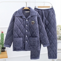 Mens winter three-layer thick coral velvet cotton pajamas flannel men plus velvet warm cotton-padded jacket home clothing set