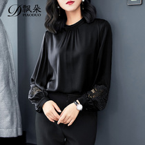 Floating flower black silk shirt women long sleeve 2021 new autumn fashion foreign style shirt heavy mulberry silk top