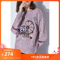 Lily spring new womens amusement park fun embroidery loose shoulder sleeve pink wool sweater 8905