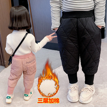 Girl Cotton Pants Winter Outwear Plus Suede Thickened Children Triple Clip Cotton One Over Winter Baby Winter Dress Warm Pants