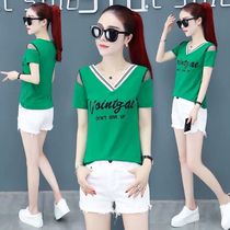 2022 Summer new Korean version short sleeve T-shirt woman V collar clothes summer dress big code womens clothing easy to hit bottom-shirt womens wave