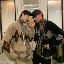 HUALUN retro college style sweater mens cardigan couple sweater Korean version of the tide student cardigan loose jacket
