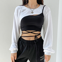 H family personality irregular hollow strap fake two-piece coat female loose leisure dance navel short bottoming tide
