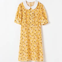 Sinofood yellow yellow floral silk dress womens short-sleeved mulberry silk mid-length dress net red 2021 summer new