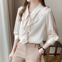 2021 spring new fashion wild little man outside wearing loose three-point sleeve ruffle doll collar Chiffon shirt