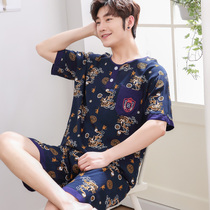 Tide card 2020 mid-aged mens summer Mianlin pyjamas two suit thin summertime big code cotton silk home clothes