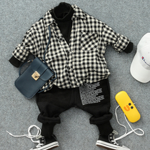 New children winter clothing plus suede two-shirt boy thickened plaid lining clothes with childrens baby warm and clothing