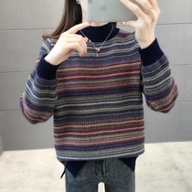 Plus velvet thickened retro semi-high collar pullover imitation sweater womens autumn and winter New loose lazy wind striped sweater tide