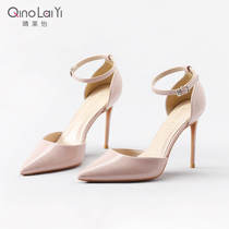 Patent leather high heels female fine-heeled hollow Joker professional temperament nude girl sexy one-word Buckle pointed single shoes