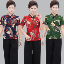 Mid-aged womens dress Short sleeves T-shirt suit Mom loaded with summer undershirt blouse with two sets of pants