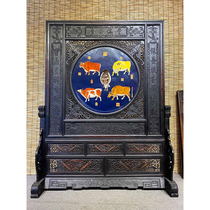 Old frame inlaid porcelain plate painted blue bottom hand painted pink five-cow picture horizontal insertion screen-AD6789