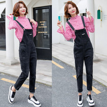 Denim Strap Pants Womens Pants 2020 Spring New Black Student Slim Pantlet Loose Streamwork