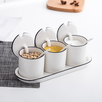 Square ceramic seasoning box seasoning can set household kitchen seasoning tank salt jar chili jar chili jar seasoning bottle jar with lid