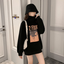 Turtleneck sweater womens loose Korean plus size mid-length plus velvet thick Hong Kong style BF style printed all-match bottoming top