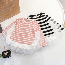 Girl 2022 spring and autumn dress striped T-shirt baby long sleeve child beat bottom shirt pure cotton Korean version mesh yarn splicing 3 blouses