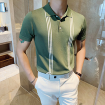 Summer short-sleeved POLO shirt mens knit color contrast striped British lapel ice silk T-shirt trendy brand business casual half-sleeve