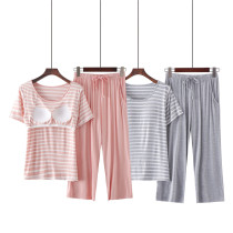 With Chest Cushion Pyjamas Suit Woman Summer Thin style Casual Short Sleeves Seven Pants Two Stripes Loose home dress