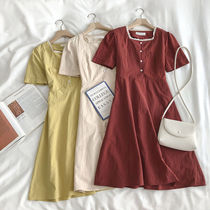 2021 spring new Korean version of Hong Kong style retro solid color Joker waist waist single-breasted square collar short sleeve dress women tide