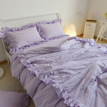 Han style all-cotton pure color lace washed cotton four pieces of cover minimalist fashion field lotus leaf side quilt cover bed linen