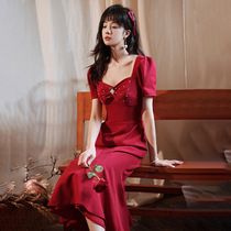 Fish-tailed slim wine red toast service bride thin temperament 2021 new autumn usually wear banquet celebrity