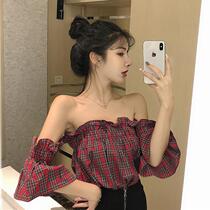 Sweet Dew Shoulder Little Sexy Super Fairy Plaid Shirt 2021 New Stylish Comeback Slim Ocean Lined with Shoulder Jacket