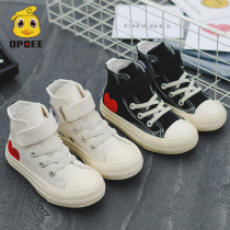 Childrens canvas shoes 2021 spring and autumn Korean version of high-top boys and girls shoes tide casual cloth shoes fashion red heart board shoes