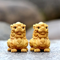 Small leaf boxwood carving text play handle ornament solid wood hand carved original design craft gift Rui beast cat