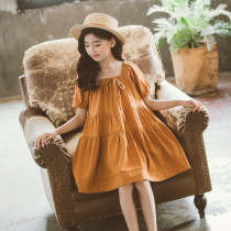 Girls cotton and linen dress summer foreign style princess dress big boy girl French square collar puff sleeve cake skirt