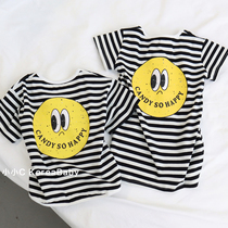 Sister dress baby cotton striped T-shirt T skirt Korean baby childrens clothing 2021 summer dress new men and women cartoon T