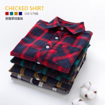 Boys plaid shirt spring and autumn thin long sleeve girl new shirt cotton shirt middle and big Children Childrens parent-child