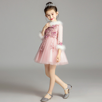  Childrens dresses Flower girl princess dresses autumn and winter wedding girls pink thickened high-end catwalk piano performance clothes winter