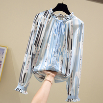 South Korea Bow Tie Striped Printed Lining Woman Long Sleeve 2020 Spring New Blouse for a Snow-Spinning Shirt