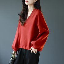 Baoshi Li V-neck stitching drawstring top 2021 long sleeve new womens loose lazy fashion early Autumn Sweater tide