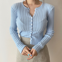 H home early spring light ripe small fragrant wind knitted cardigan coat female ins slim pit stretch button simple blue top