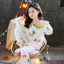 Childrens pajamas 2021 spring and Autumn girls cotton thin home clothes Cute middle and large children little girl long-sleeved suit